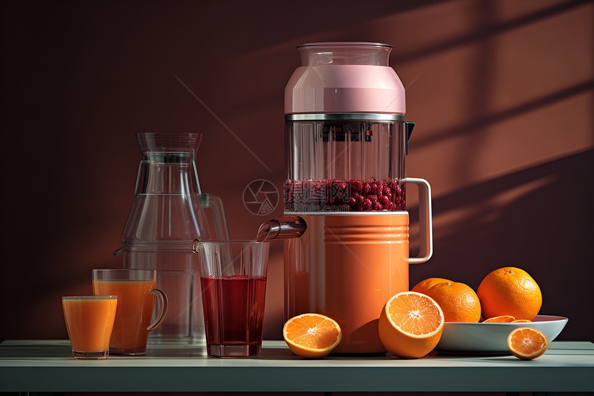 桌子上的水果和榨汁机图片