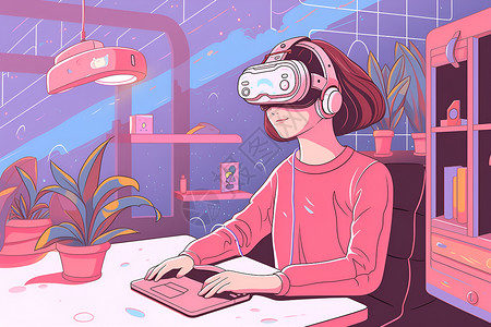 戴着VR眼镜学习的女孩插画
