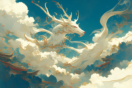 白色抽象素材云中白鹿插画