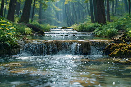 森林溪流长白瀑布高清图片
