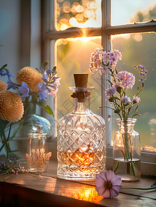 水晶花瓶窗前的水晶瓶和花朵背景
