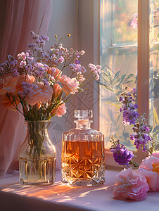 窗前的瓶子和花束高清图片
