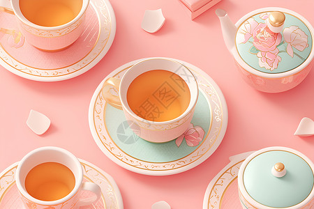 瓷器设计浪漫粉色咖啡杯插画
