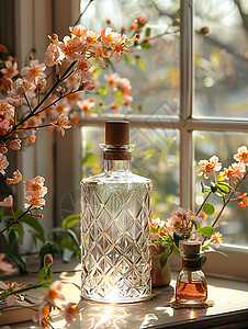 水晶花瓶窗前的水晶瓶与花束背景