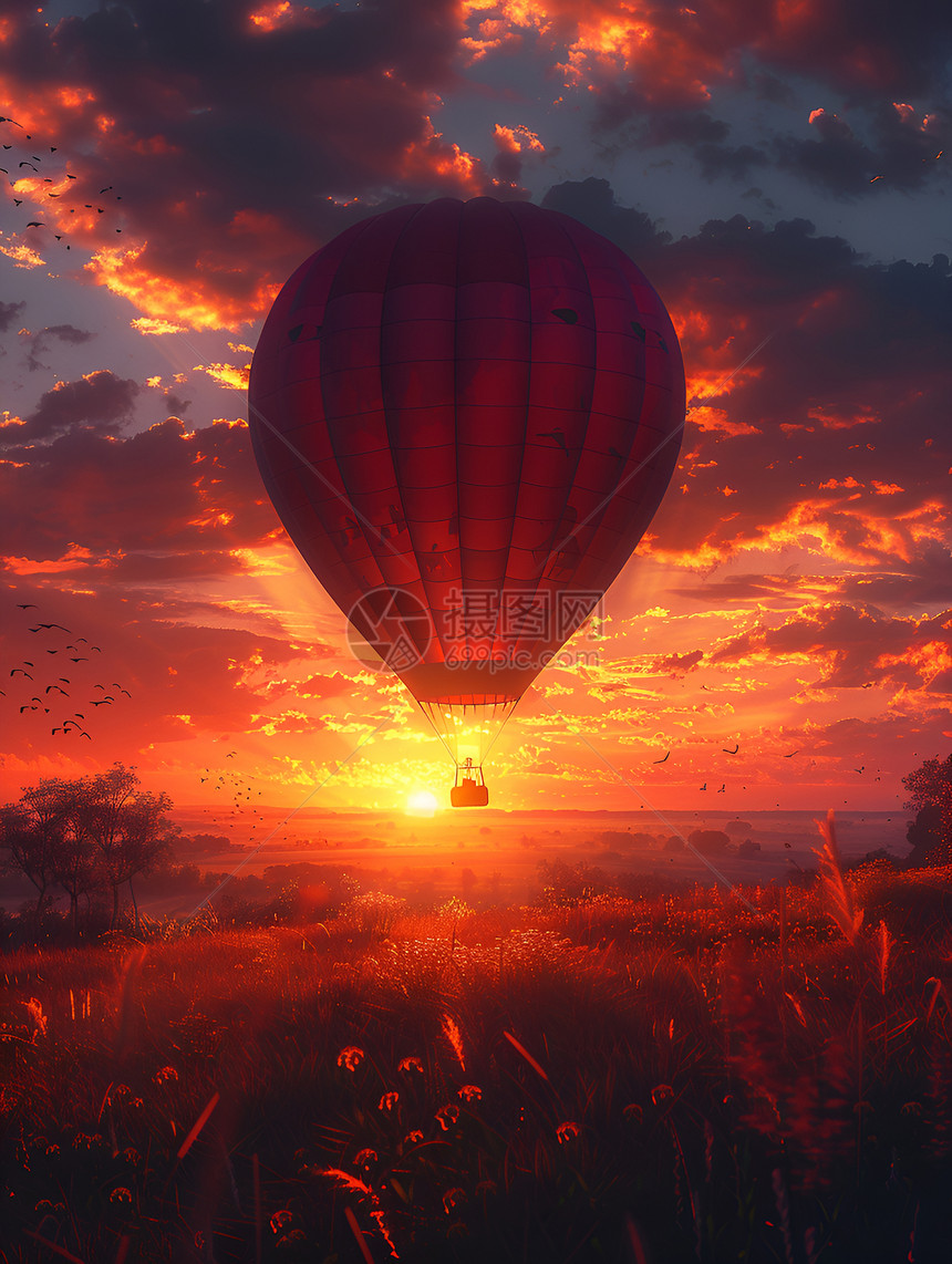 夕阳下的热气球图片
