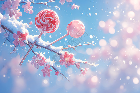 棒棒糖树粉色花枝上的糖果插画