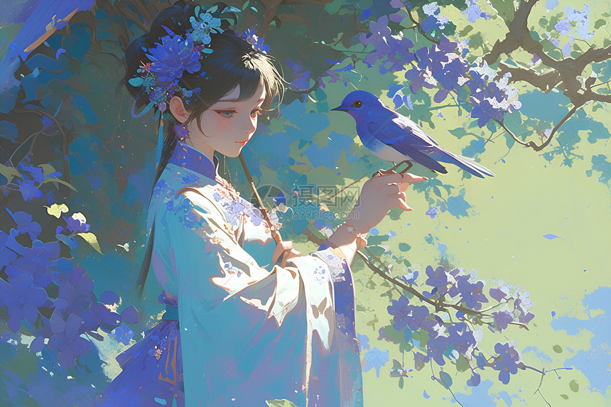紫色花丛里的女孩和鸟图片
