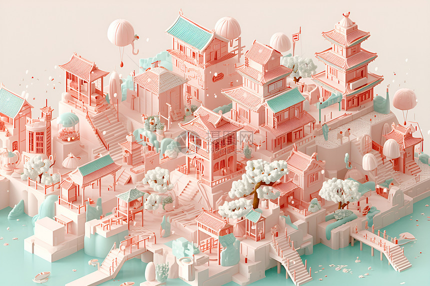 粉色城市建筑模型图片