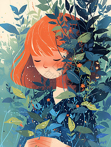 蜕变红发女孩隐身于叶丛中插画