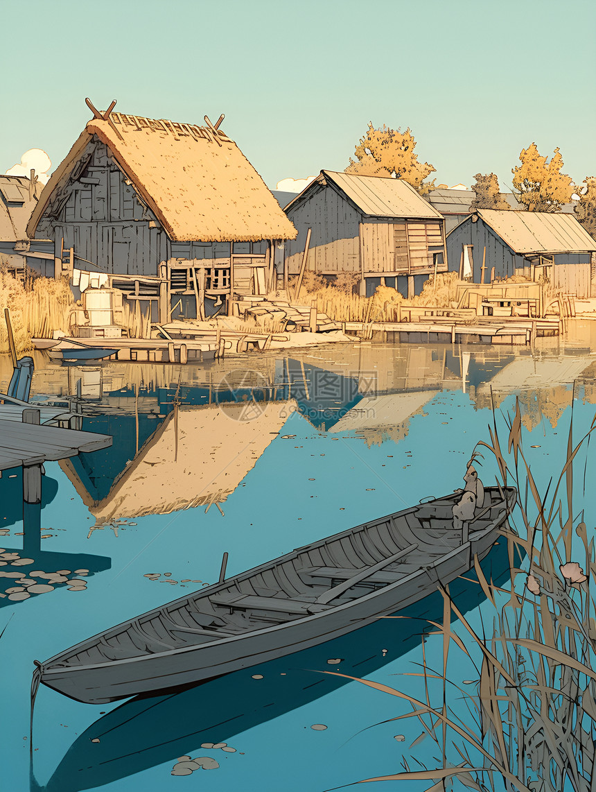 村庄码头上一艘小木船图片