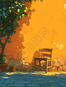院阳光院墙边的一把木椅插画
