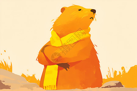 戴围巾的熊草地上戴着围巾的熊插画