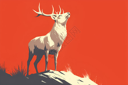 犄角丘陵上的鹿与红色天空插画