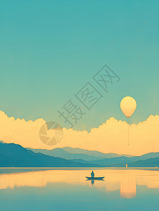 热气球飘过湖泊高清图片