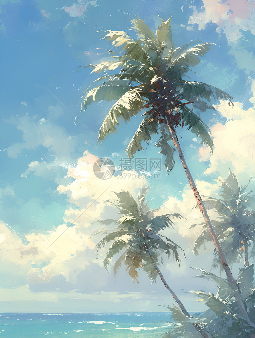 热带孤岛上椰树摇曳图片