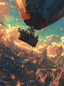 电商漂浮热气球天空下的建筑插画