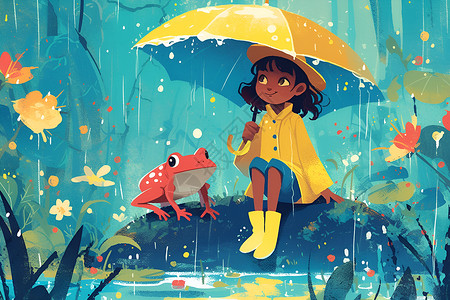 雨中的女孩与红蛙高清图片