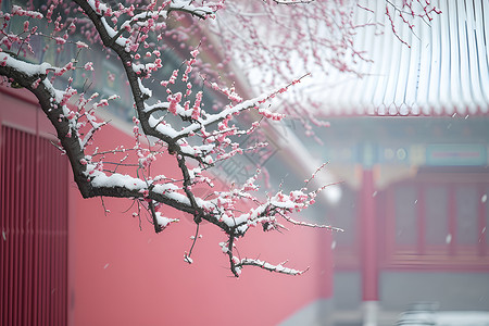 梅花林红墙白雪和花树插画