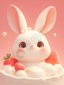 松软卡通兔子坐在奶油蛋糕顶上插画
