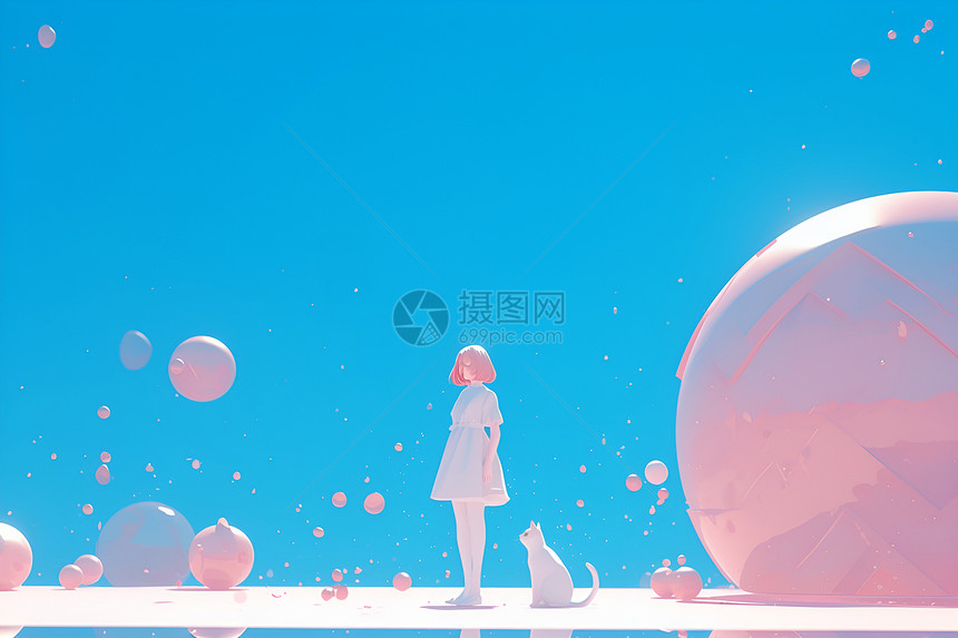 蓝天下的少女插画图片