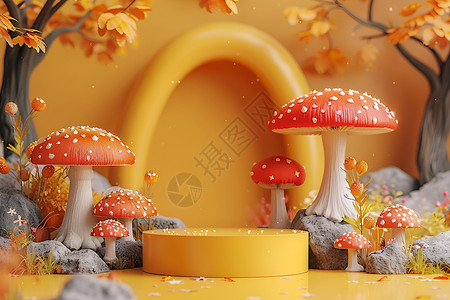 卡通蘑菇房黄色舞台与蘑菇设计图片