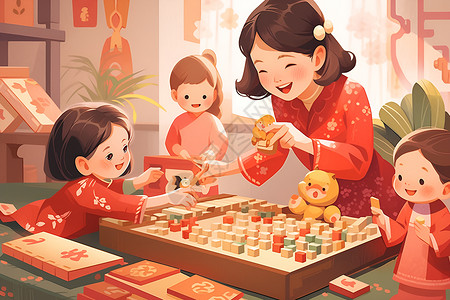 妈妈和孩子玩春节游戏插画