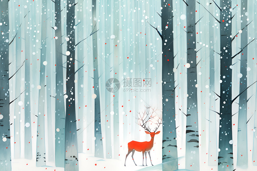 雪中丛林里的鹿图片