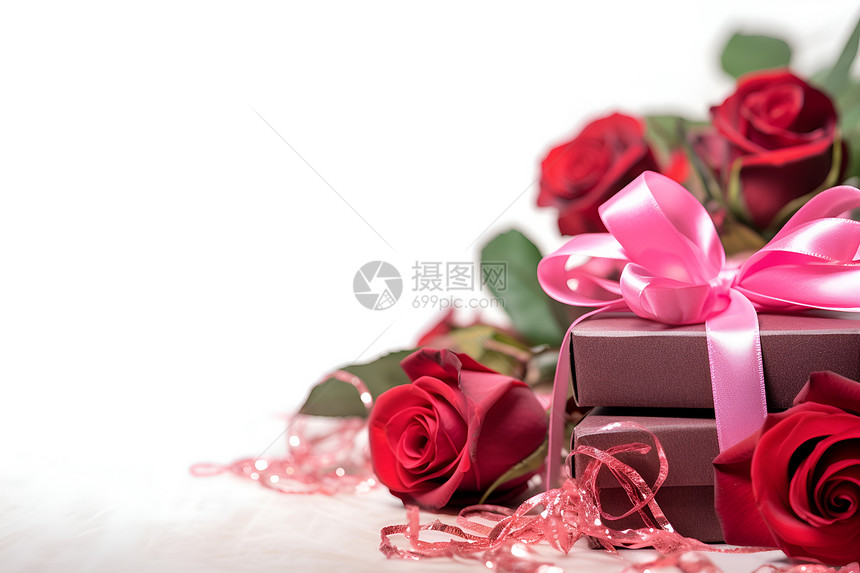 桌面上的礼盒和玫瑰图片