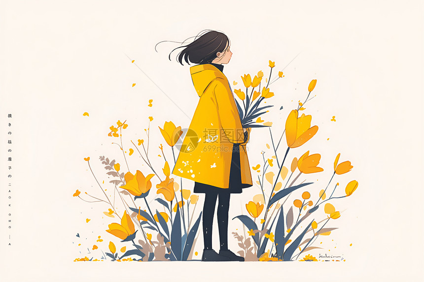 花丛里的黄衣女子图片