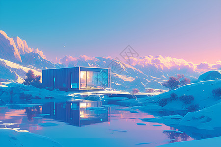 别墅水池雪山下的湖边别墅插画
