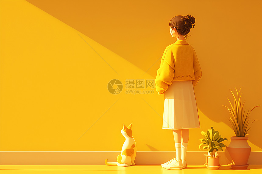 黄色背景中的女孩和猫咪图片