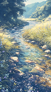 山涧水溪流旁的野花和草地插画