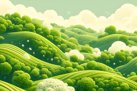 繁茂植物青翠的美丽山林插画