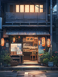房子入口夜幕下的传统餐厅入口插画
