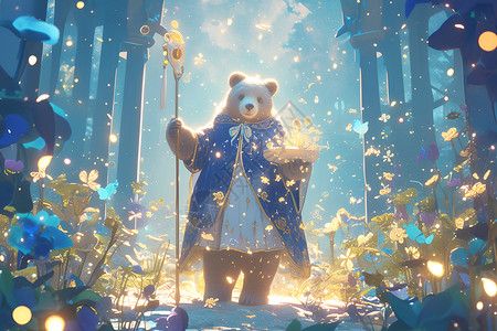 向往魔法森林奇幻亮光中的熊插画