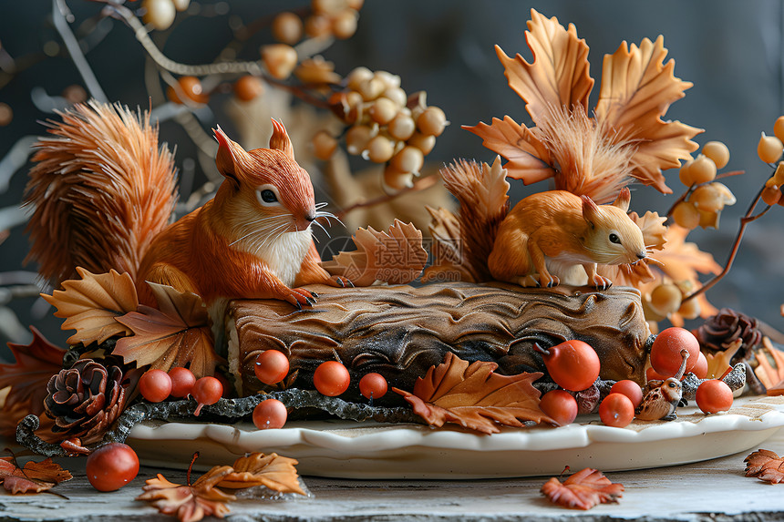 秋叶和松鼠的蛋糕卷图片