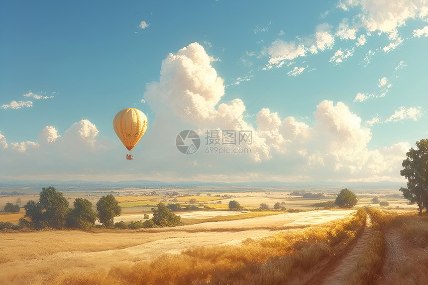 热气球飘过金黄的田野图片