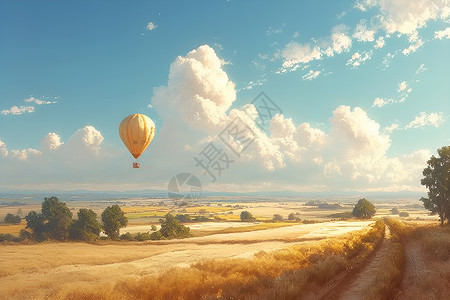 热气球飘过金黄的田野背景图片