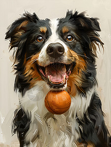 叼着牌子的小狗叼着球玩耍的狗插画