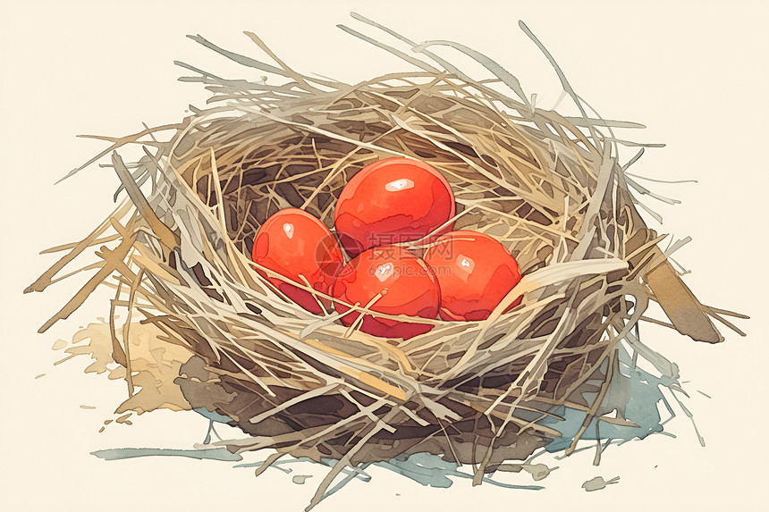 红蛋的鸟巢插画图片