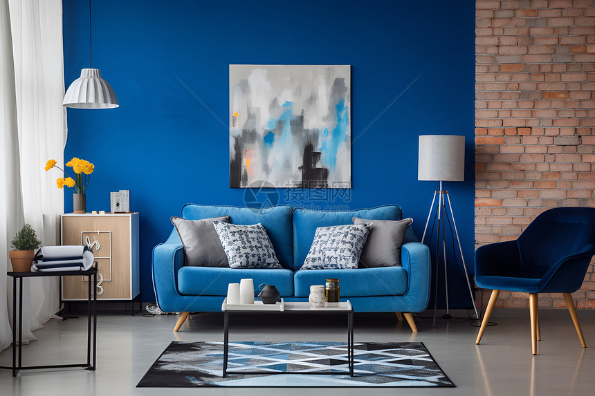 客厅中的蓝色沙发图片
