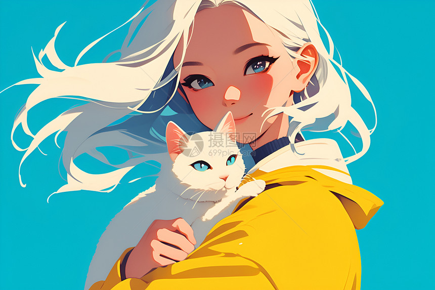 白猫与白发女孩图片