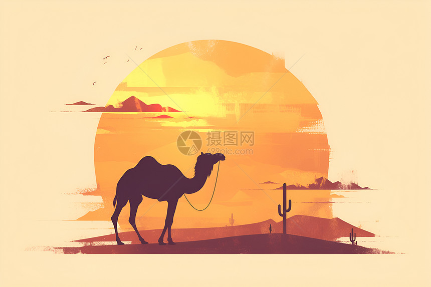 骆驼和仙人掌在沙漠图片
