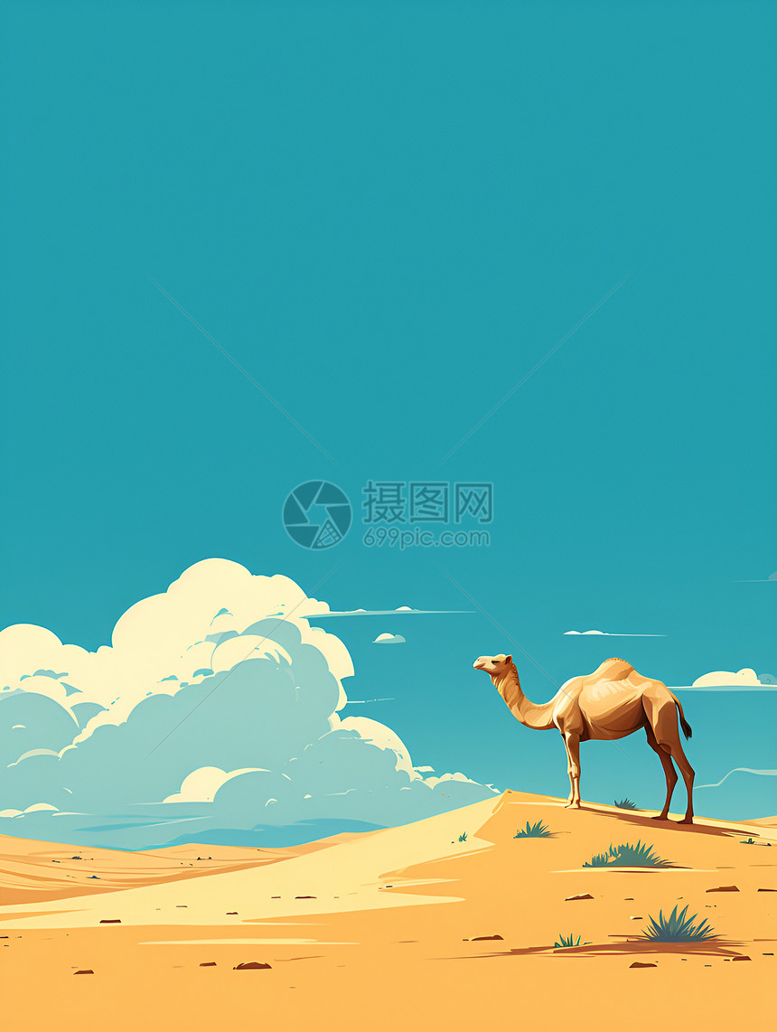白云下的骆驼和小草图片