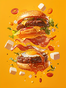 汉堡食材食材丰富的美味汉堡插画