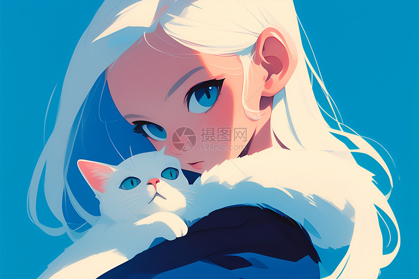 白发女孩与猫咪图片