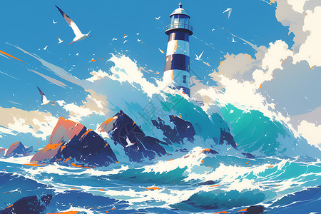 暴风雨素材海洋中的灯塔插画