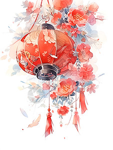 红色花纹边框红灯笼上的鲜花插画