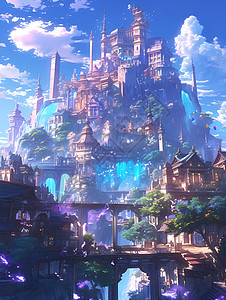 梦幻仙境中的未来之城背景图片