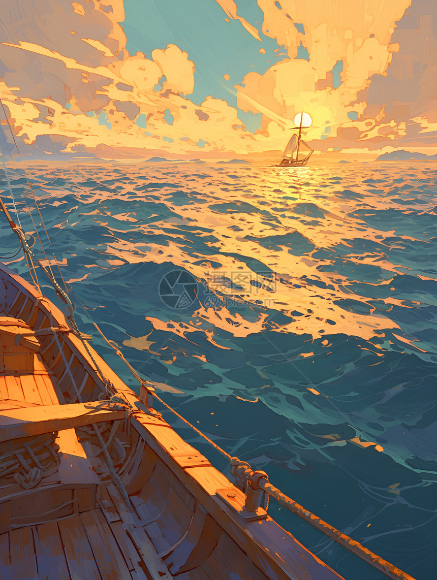 日落海上金色桨声图片